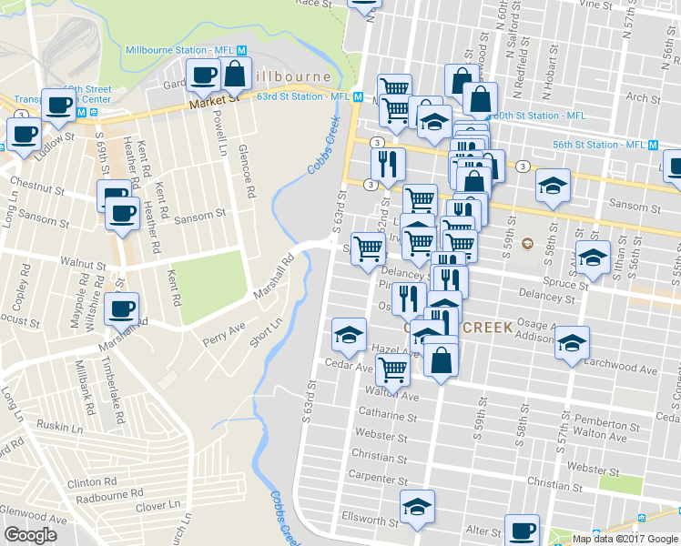map of restaurants, bars, coffee shops, grocery stores, and more near 6253 Pine Street in Philadelphia