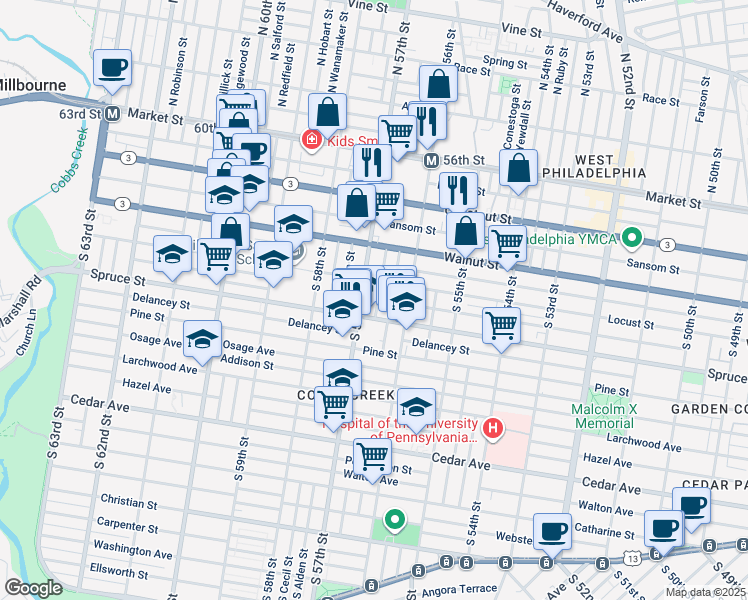 map of restaurants, bars, coffee shops, grocery stores, and more near 274 South Frazier Street in Philadelphia