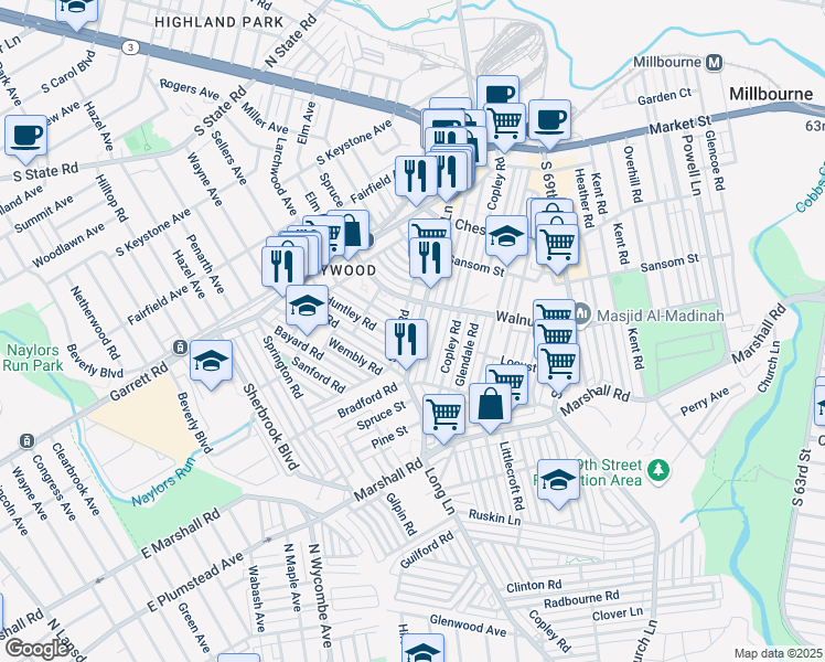 map of restaurants, bars, coffee shops, grocery stores, and more near 222 Long Lane in Delaware County
