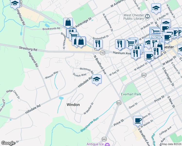map of restaurants, bars, coffee shops, grocery stores, and more near 229 McIntosh Road in West Chester