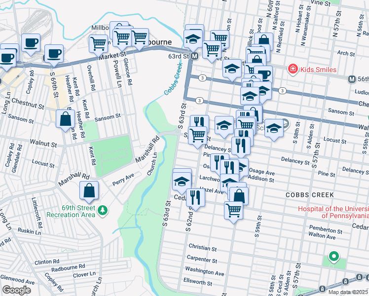 map of restaurants, bars, coffee shops, grocery stores, and more near 6249 Pine Street in Philadelphia