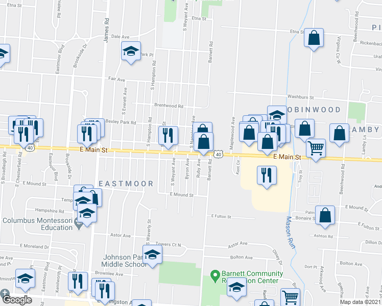 map of restaurants, bars, coffee shops, grocery stores, and more near E Main St & S Napoleon Ave in Columbus