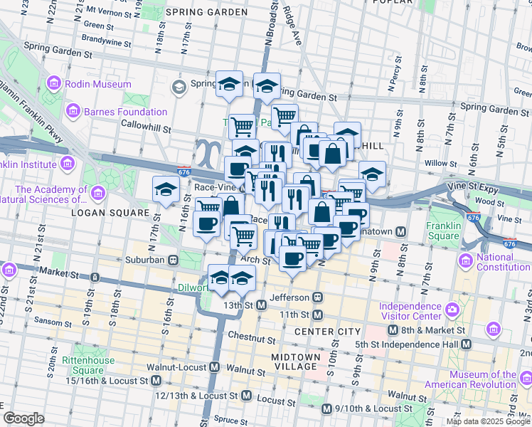 map of restaurants, bars, coffee shops, grocery stores, and more near 212 North Clarion Street in Philadelphia
