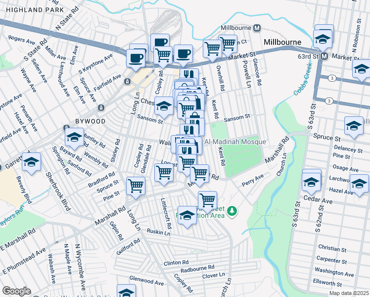map of restaurants, bars, coffee shops, grocery stores, and more near 141 South 69th Street in Delaware County