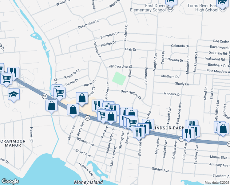 map of restaurants, bars, coffee shops, grocery stores, and more near 1575 Deer Hollow Drive in Toms River