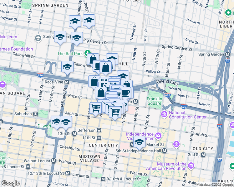 map of restaurants, bars, coffee shops, grocery stores, and more near 233 North 10th Street in Philadelphia