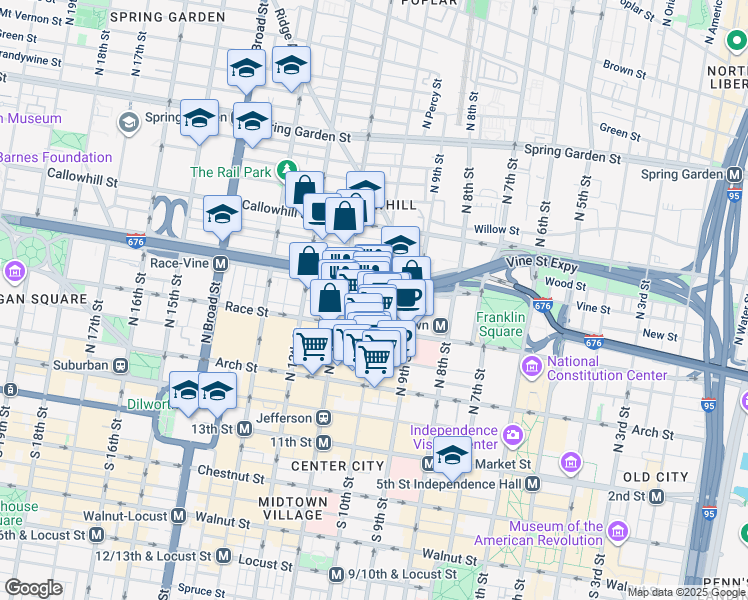 map of restaurants, bars, coffee shops, grocery stores, and more near 228 North 10th Street in Philadelphia