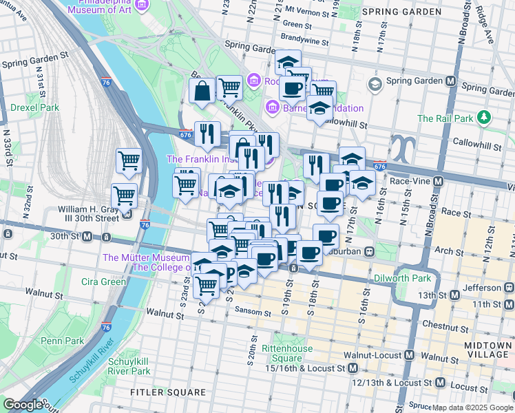map of restaurants, bars, coffee shops, grocery stores, and more near 2039 Appletree Street in Philadelphia