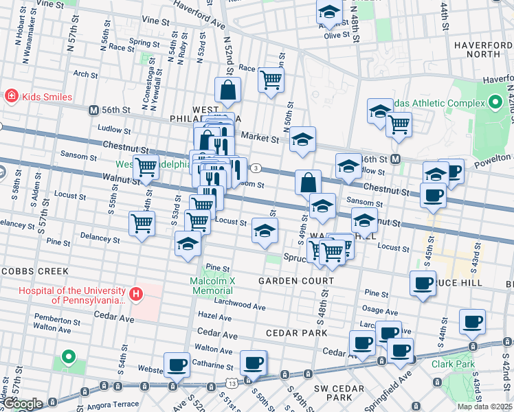 map of restaurants, bars, coffee shops, grocery stores, and more near 5030 Walnut Street in Philadelphia