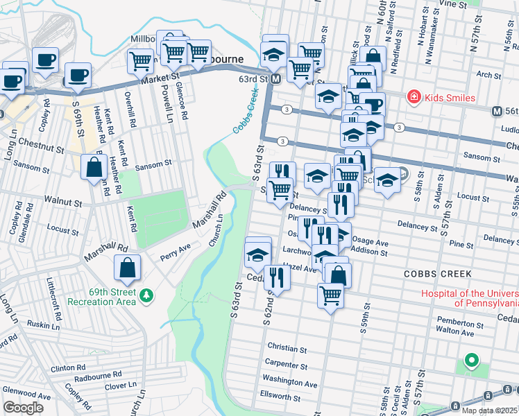map of restaurants, bars, coffee shops, grocery stores, and more near 6253 Pine Street in Philadelphia