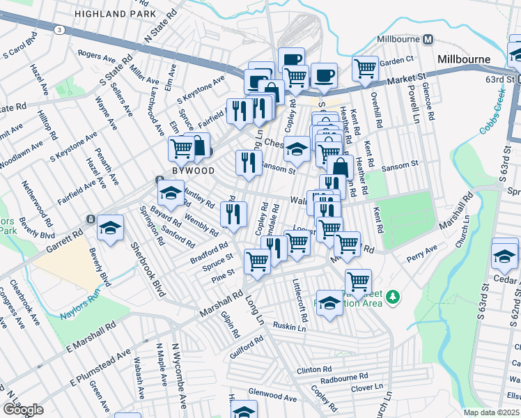 map of restaurants, bars, coffee shops, grocery stores, and more near 228 Copley Road in Delaware County