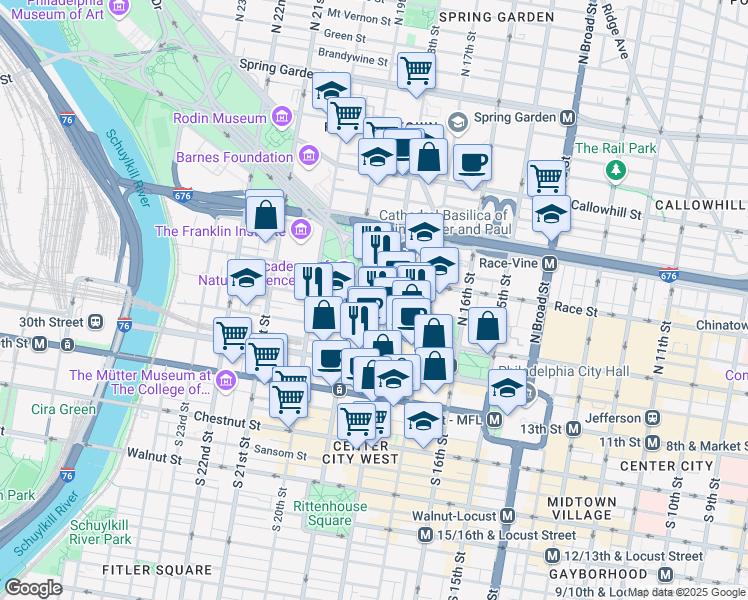 map of restaurants, bars, coffee shops, grocery stores, and more near 130 North 18th Street in Philadelphia