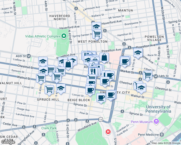 map of restaurants, bars, coffee shops, grocery stores, and more near in Philadelphia