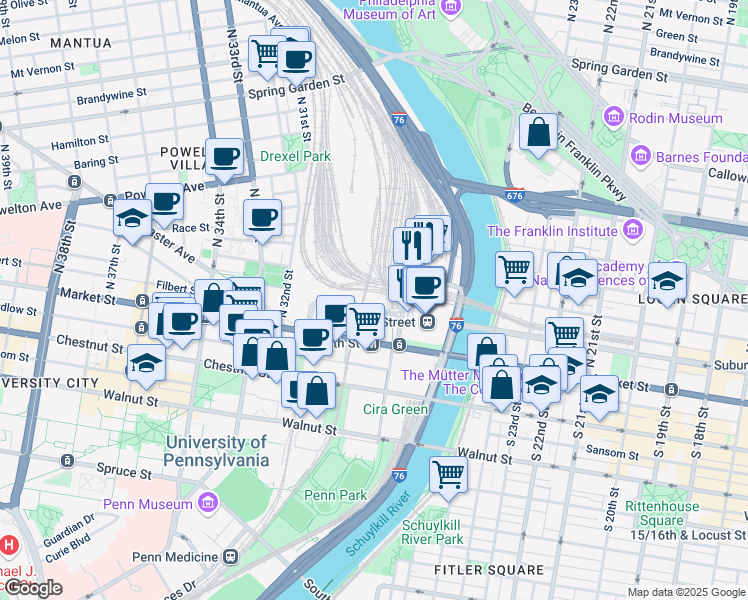 map of restaurants, bars, coffee shops, grocery stores, and more near 3001 John F Kennedy Boulevard in Philadelphia