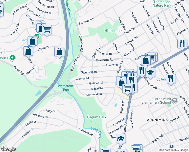 map of restaurants, bars, coffee shops, grocery stores, and more near 181 Warrior Road in Drexel Hill