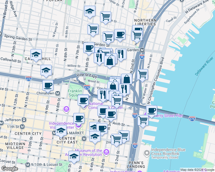 map of restaurants, bars, coffee shops, grocery stores, and more near 360 North 3rd Street in Philadelphia