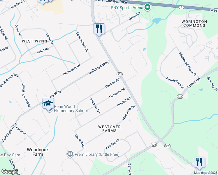 map of restaurants, bars, coffee shops, grocery stores, and more near 1546 Carmac Road in West Chester