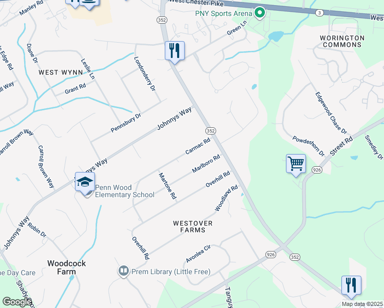 map of restaurants, bars, coffee shops, grocery stores, and more near 1546 Carmac Road in West Chester