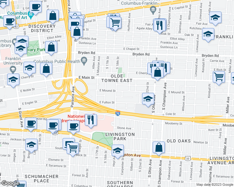 map of restaurants, bars, coffee shops, grocery stores, and more near 861 East Mound Street in Columbus
