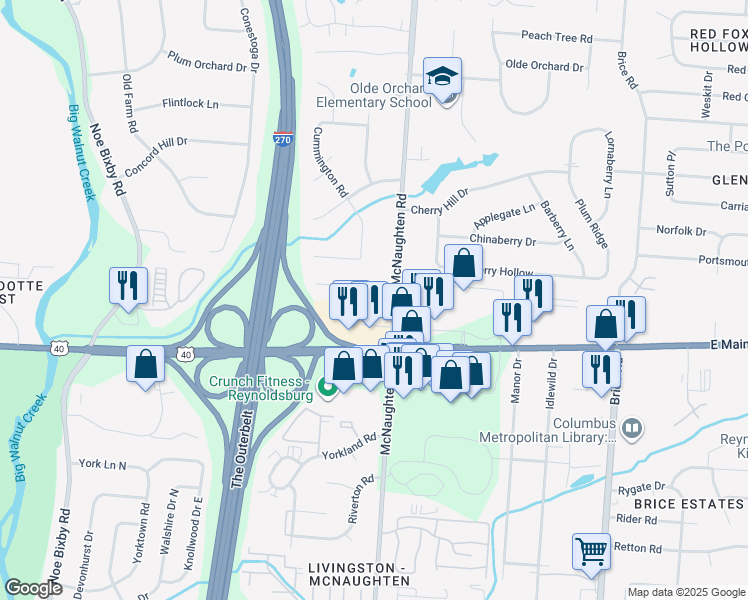 map of restaurants, bars, coffee shops, grocery stores, and more near 5951 Parliament Drive in Columbus