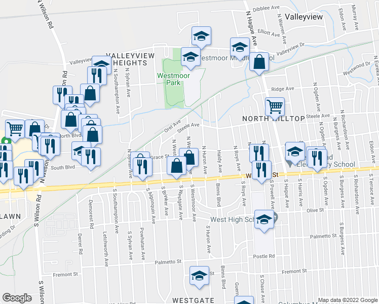 map of restaurants, bars, coffee shops, grocery stores, and more near Grace St & N Westmoor Ave in Columbus