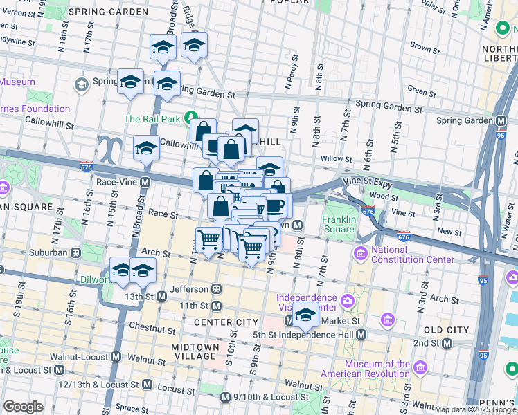 map of restaurants, bars, coffee shops, grocery stores, and more near 233 North 10th Street in Philadelphia