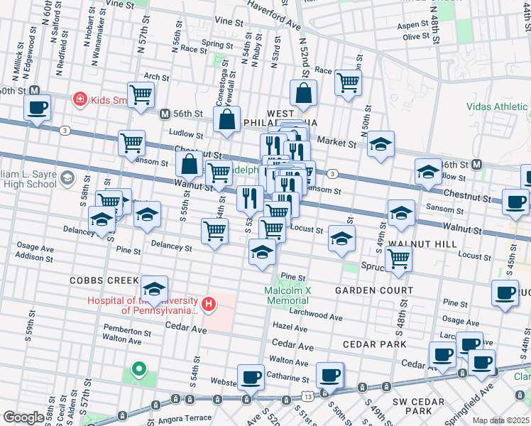 map of restaurants, bars, coffee shops, grocery stores, and more near 5234 Chancellor Street in Philadelphia
