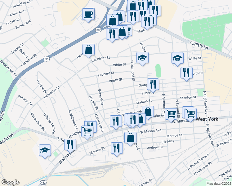 map of restaurants, bars, coffee shops, grocery stores, and more near 1949 Orange Street in York