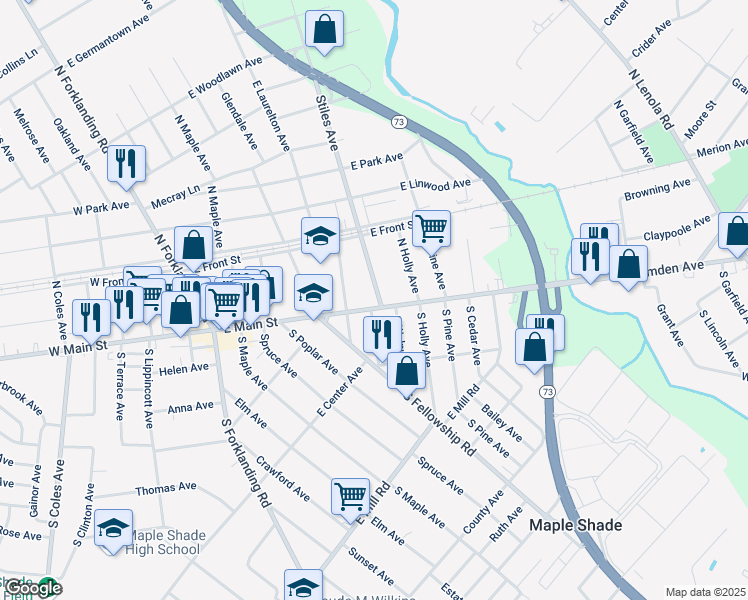 map of restaurants, bars, coffee shops, grocery stores, and more near 22 North Stiles Avenue in Maple Shade