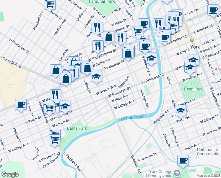 map of restaurants, bars, coffee shops, grocery stores, and more near 133 South Hartley Street in York