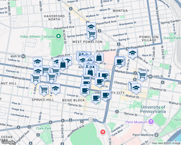 map of restaurants, bars, coffee shops, grocery stores, and more near Ludlow St & S 40th St in Philadelphia