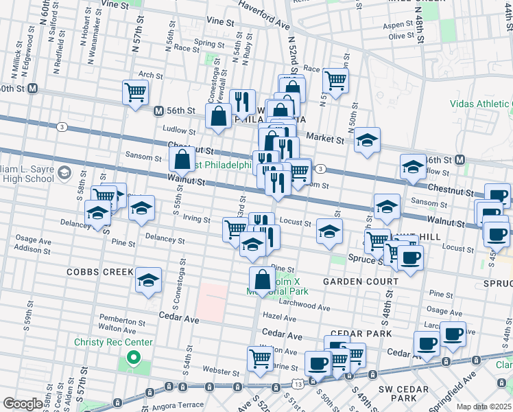 map of restaurants, bars, coffee shops, grocery stores, and more near 5232 Chancellor Street in Philadelphia