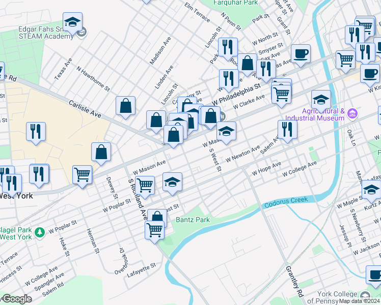 map of restaurants, bars, coffee shops, grocery stores, and more near 646 West Mason Avenue in York