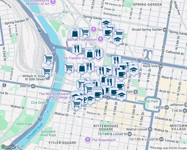 map of restaurants, bars, coffee shops, grocery stores, and more near in Philadelphia