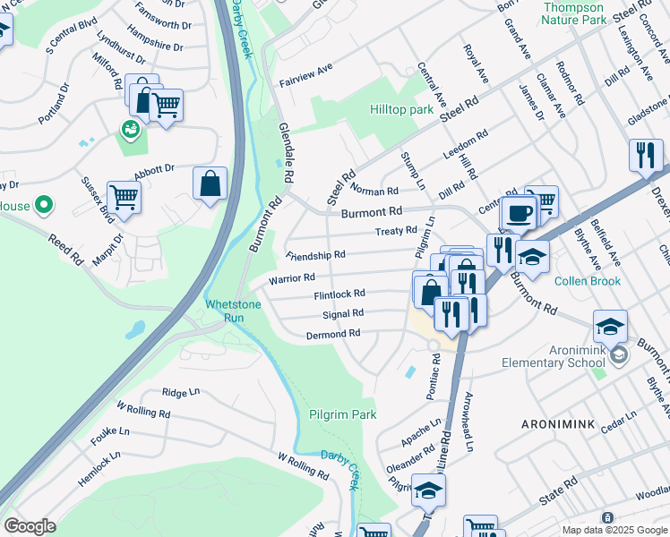map of restaurants, bars, coffee shops, grocery stores, and more near 181 Warrior Road in Drexel Hill