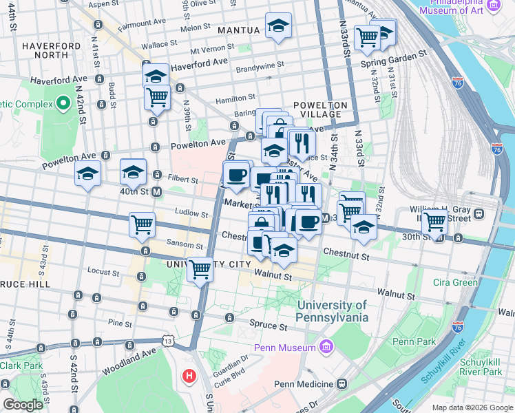 map of restaurants, bars, coffee shops, grocery stores, and more near 3675 Market Street in Philadelphia