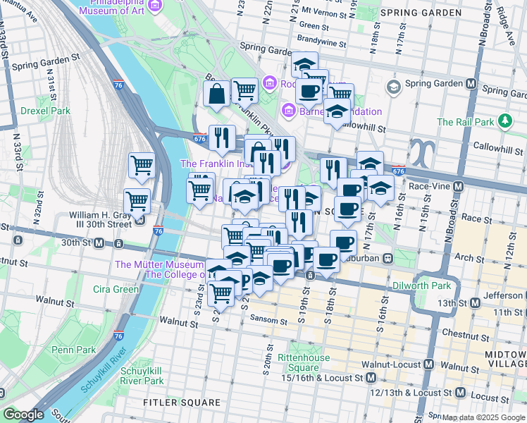 map of restaurants, bars, coffee shops, grocery stores, and more near 117 North 21st Street in Philadelphia
