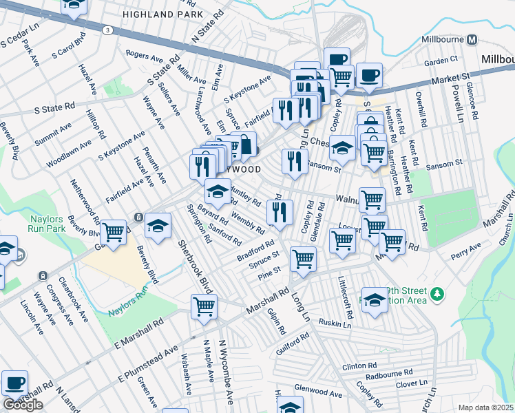 map of restaurants, bars, coffee shops, grocery stores, and more near 236 Huntley Road in Delaware County
