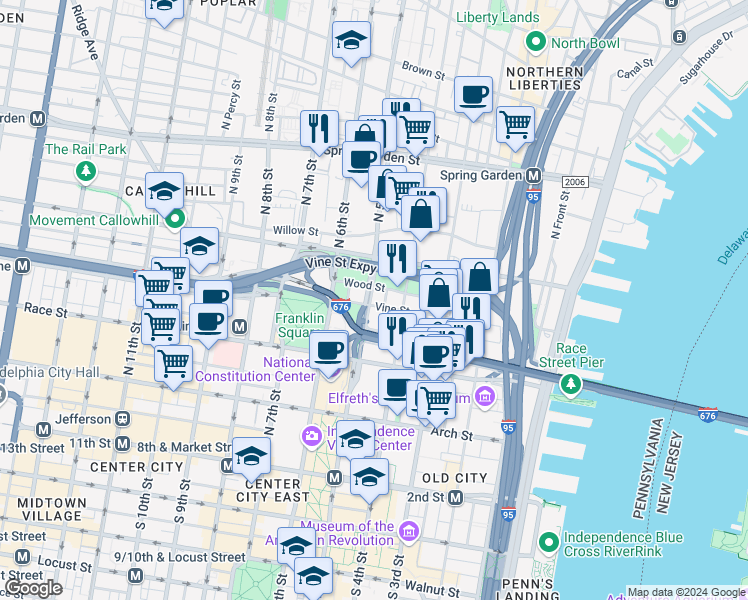 map of restaurants, bars, coffee shops, grocery stores, and more near 429 Vine Street in Philadelphia