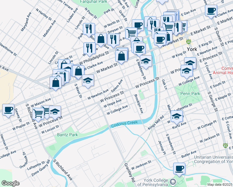 map of restaurants, bars, coffee shops, grocery stores, and more near 453 West Princess Street in York