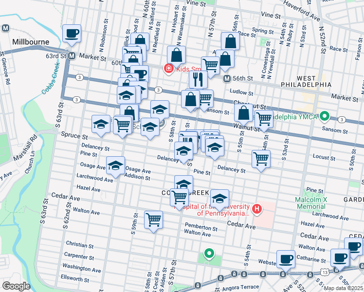 map of restaurants, bars, coffee shops, grocery stores, and more near 276 South Alden Street in Philadelphia