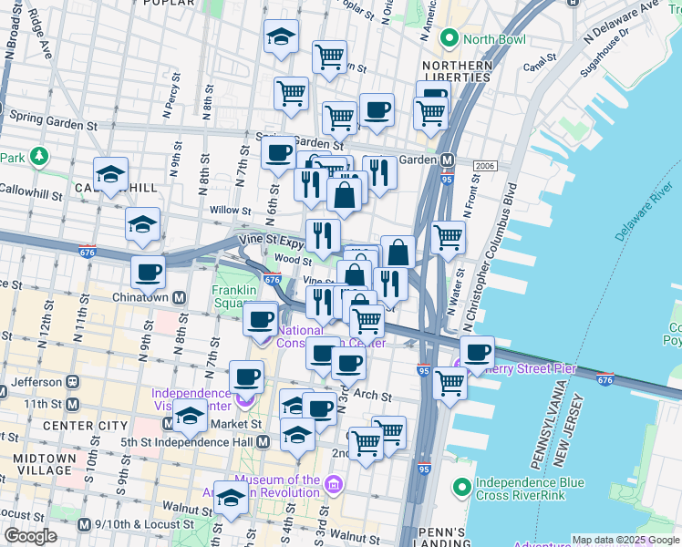 map of restaurants, bars, coffee shops, grocery stores, and more near 360 North 3rd Street in Philadelphia