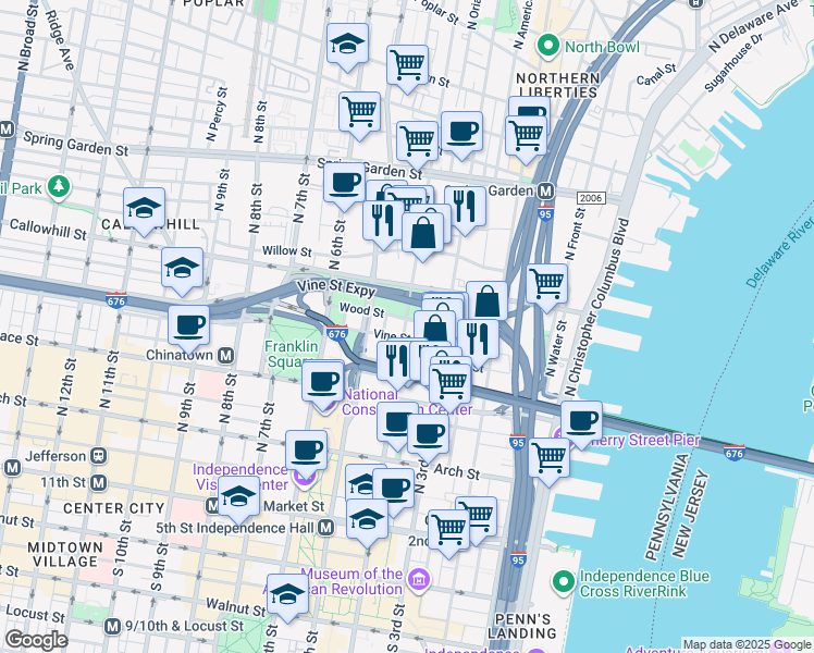 map of restaurants, bars, coffee shops, grocery stores, and more near 360 North 3rd Street in Philadelphia