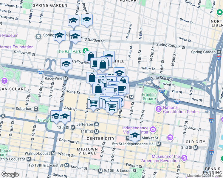 map of restaurants, bars, coffee shops, grocery stores, and more near 224 North 10th Street in Philadelphia