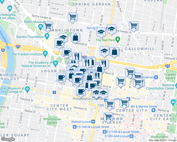 map of restaurants, bars, coffee shops, grocery stores, and more near 220 North Hicks Street in Philadelphia