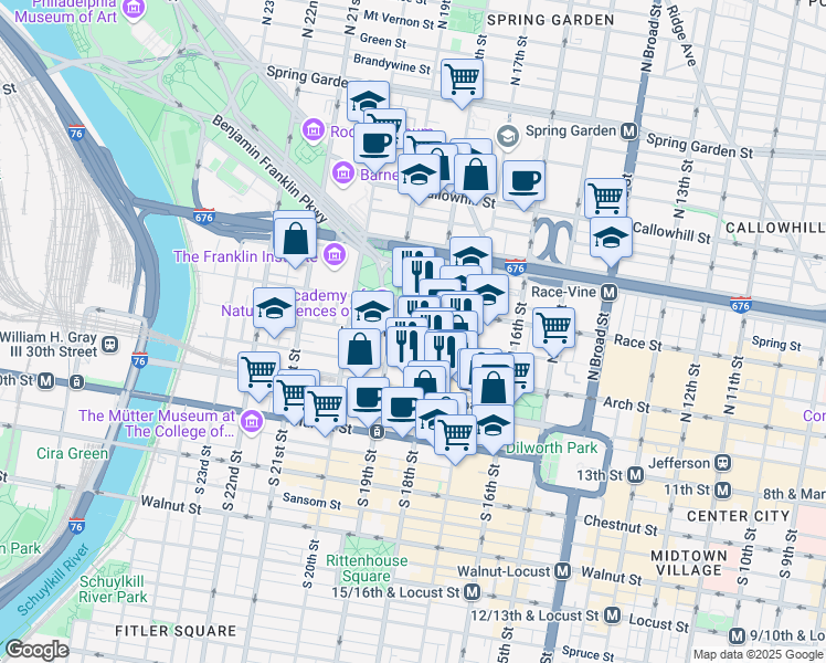 map of restaurants, bars, coffee shops, grocery stores, and more near 1840 Benjamin Franklin Parkway in Philadelphia