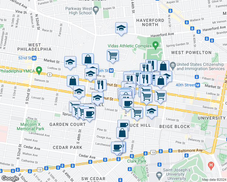 map of restaurants, bars, coffee shops, grocery stores, and more near in Philadelphia