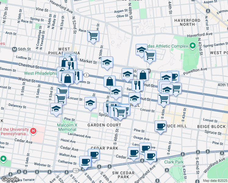 map of restaurants, bars, coffee shops, grocery stores, and more near 4831 Walnut Street in Philadelphia
