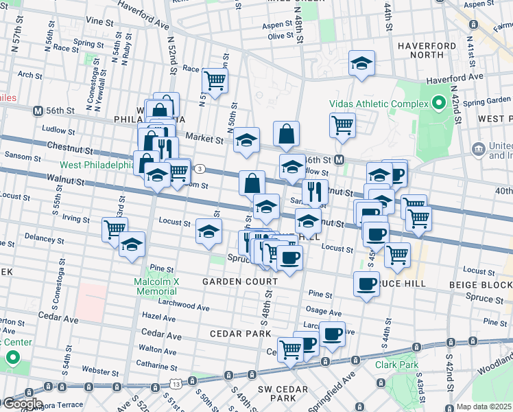 map of restaurants, bars, coffee shops, grocery stores, and more near 4840 Chestnut Street in Philadelphia