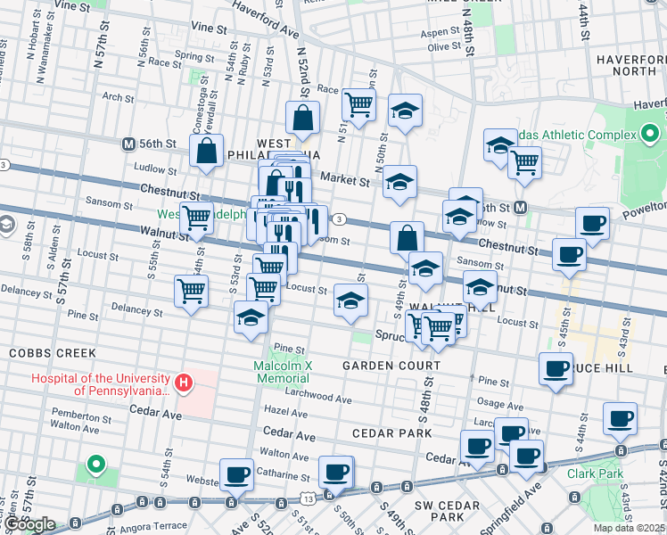 map of restaurants, bars, coffee shops, grocery stores, and more near 5053 Walnut Street in Philadelphia